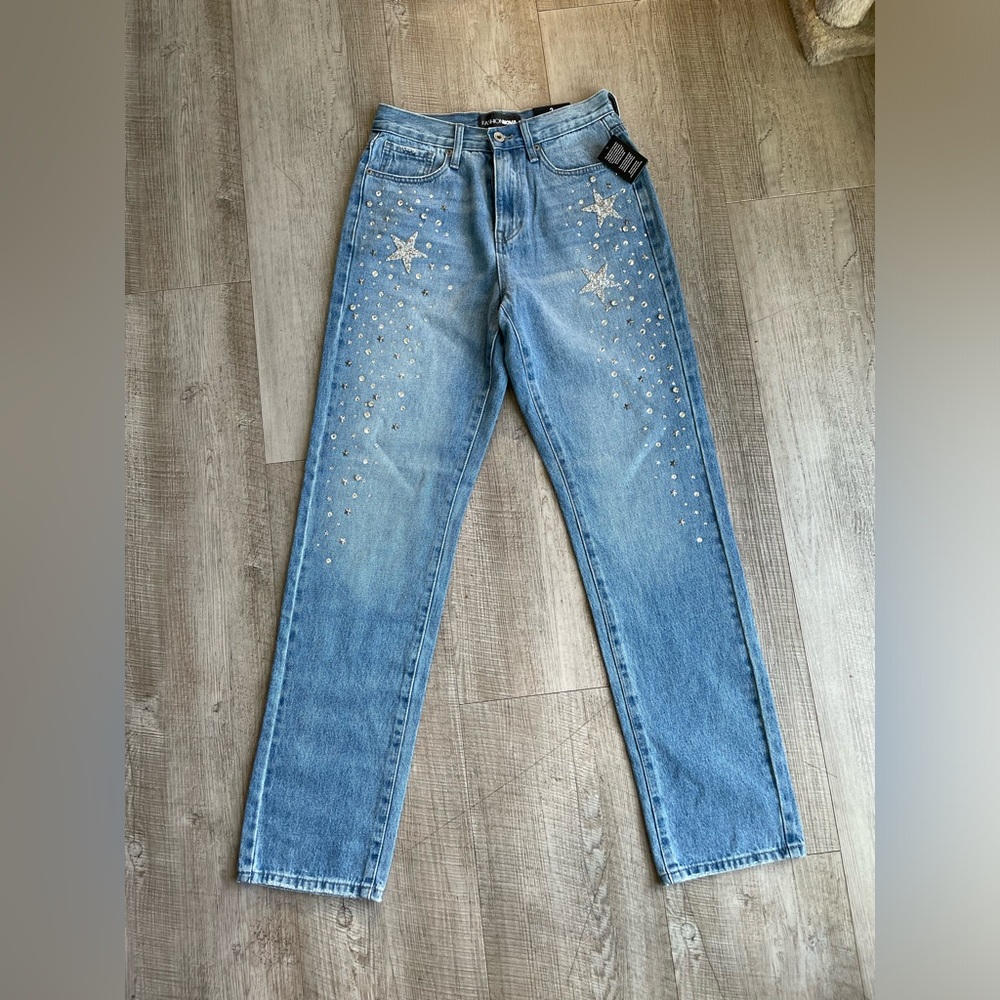 Fashion Nova Straight Leg Rhinestone Star Jeans